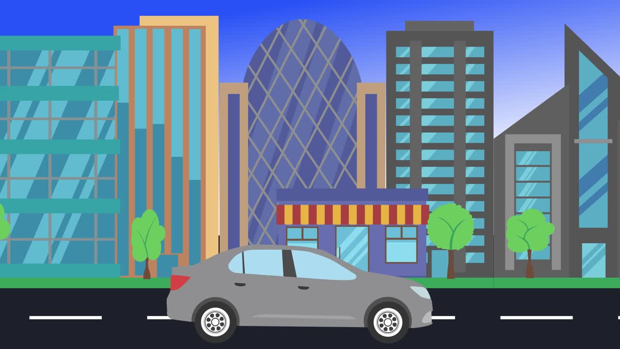 Car driving rides around city side view, loop animation, flat design ...