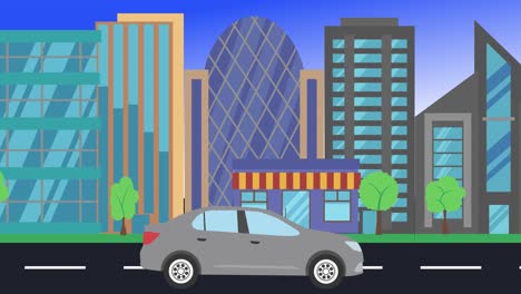 viajes en coche por la ciudad vista lateral, animación en bucle, fondo de diseño plano