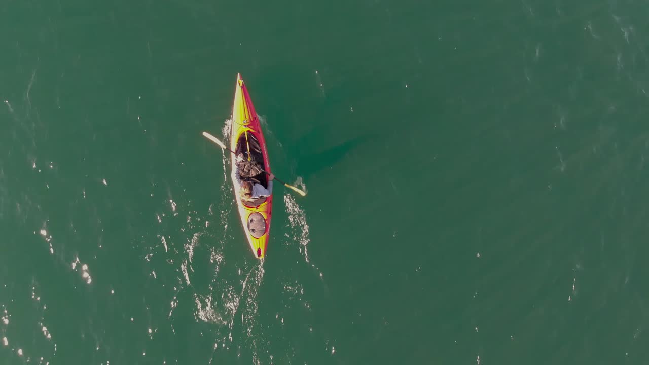 Aerial view of a kayaker paddling in a kayak.