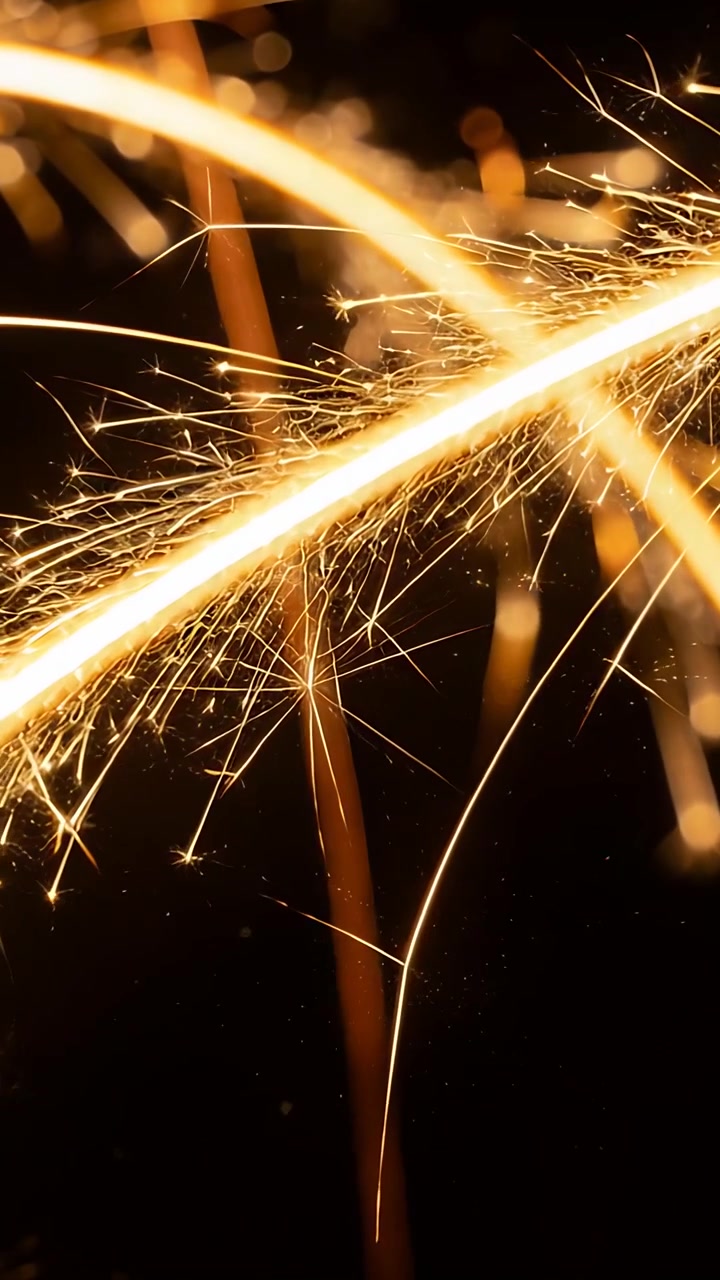 Vertical video: Lighting sparkler sending golden crossed arcs and falling sparks in macro night