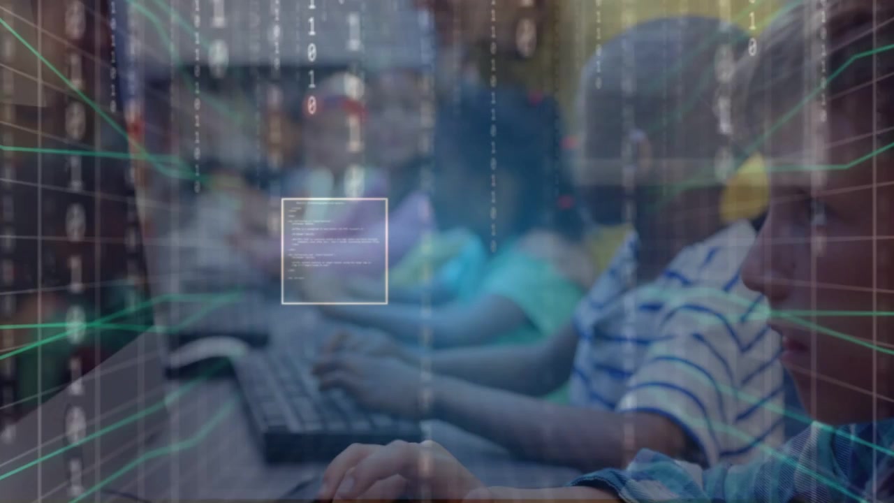 Foreground child typing on PC, wire grid appearing focusing hands while teacher guiding learning