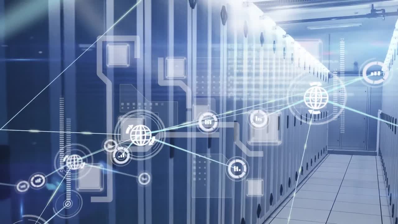 Animation of scope scanning and networks with icons over tech room with computer servers