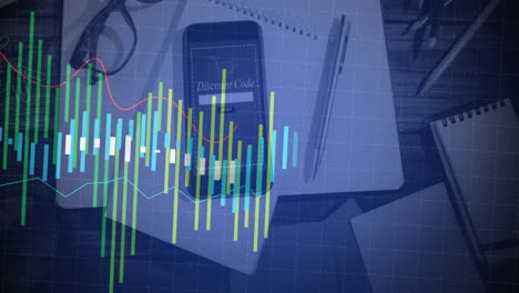 financial chart animation over smartphone with discount code text on desk