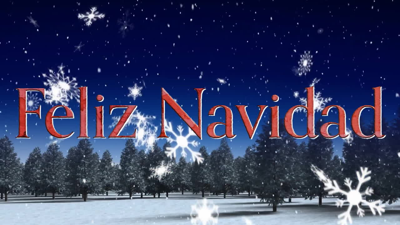 animación de feliz navidad texto sobre la nieve que cae en el paisaje de invierno fondo