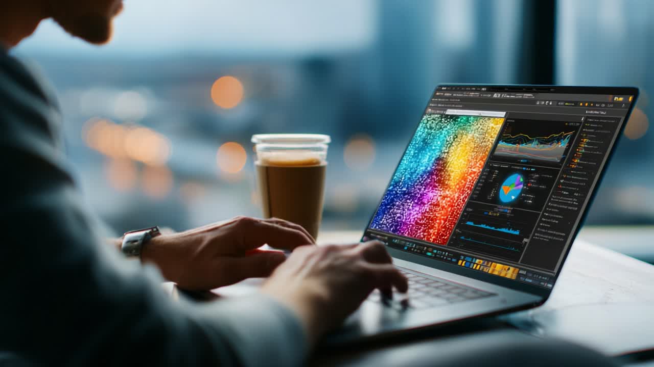 A Focused Individual Engages with Colorful Data Visualization on a Laptop, Surrounded by a Cozy Atmosphere with a Cup of Coffee, Capturing the Essence of Modern Work Life