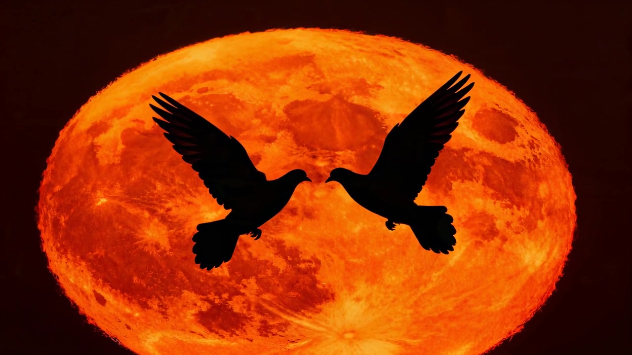 Hovering two silhouetted birds flapping wings in front of large orange full moon, showing craters