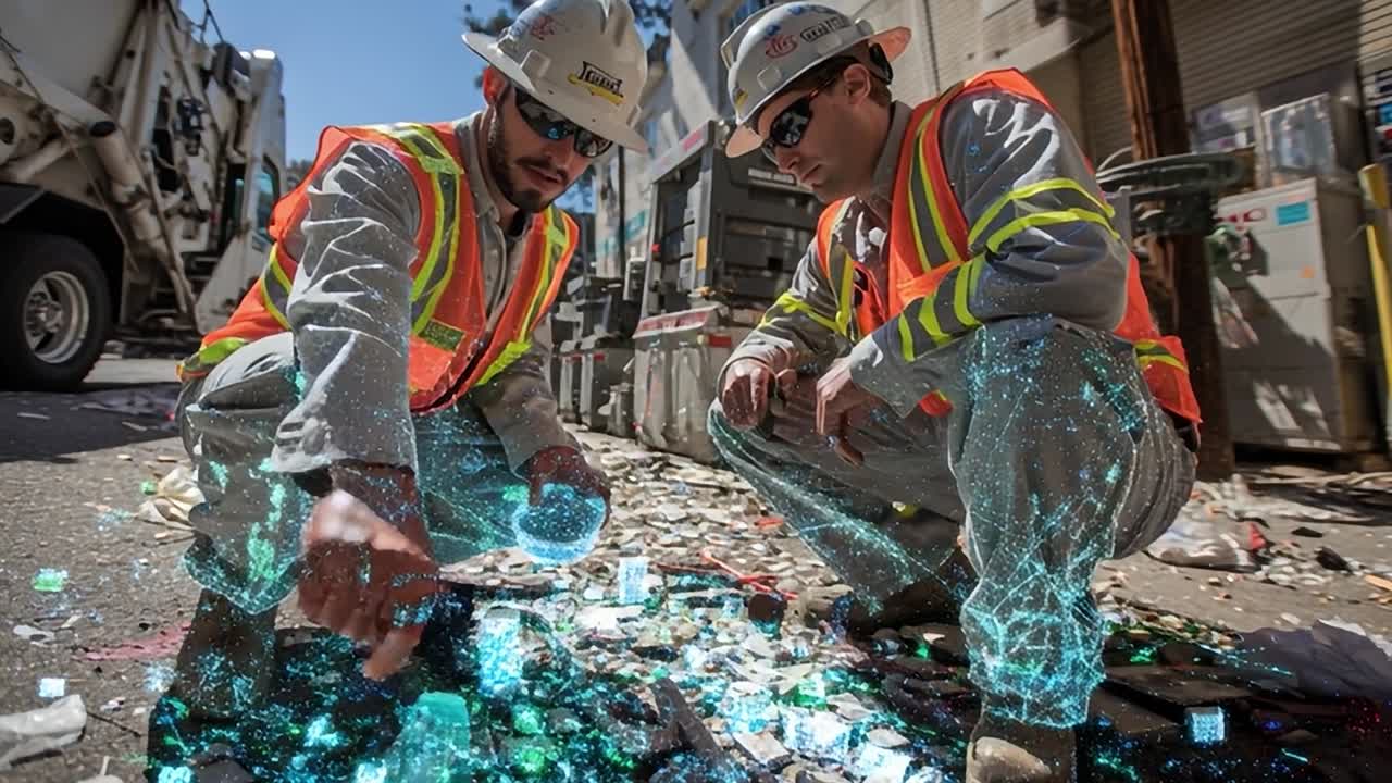 Workers analyze digital data amidst urban debris and waste