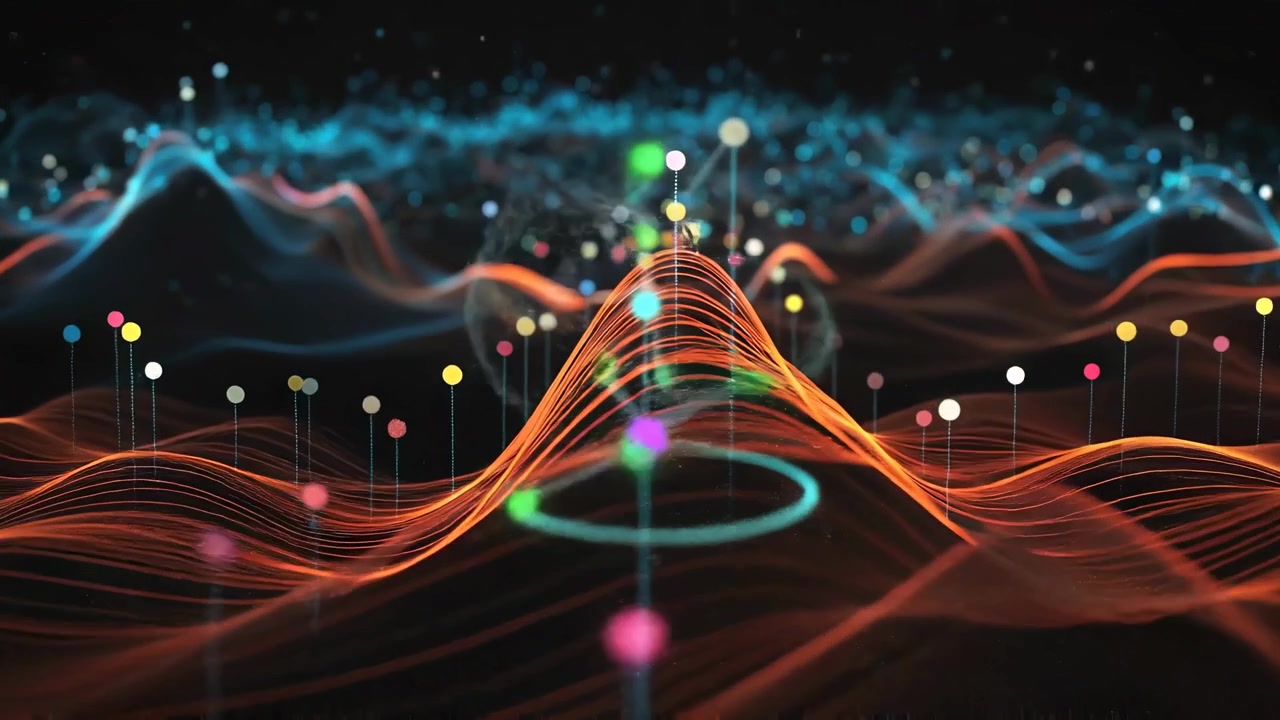 Dynamic Abstract Data Waves with Glowing Particles on Dark Background