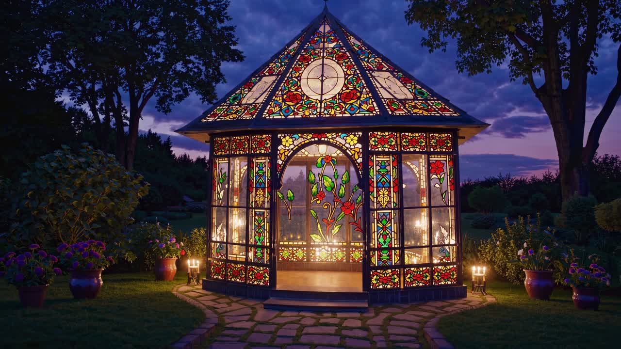 빛나는 스테인드 글래스 가제보는 무성한 아름다움을 방출하며, 부드러운 황혼의 순간 동안 조용한 정원 풍경 속에 자리 잡고, 조용한 주변을 가로질러 매혹적인 다채로운 빛을 방출합니다.