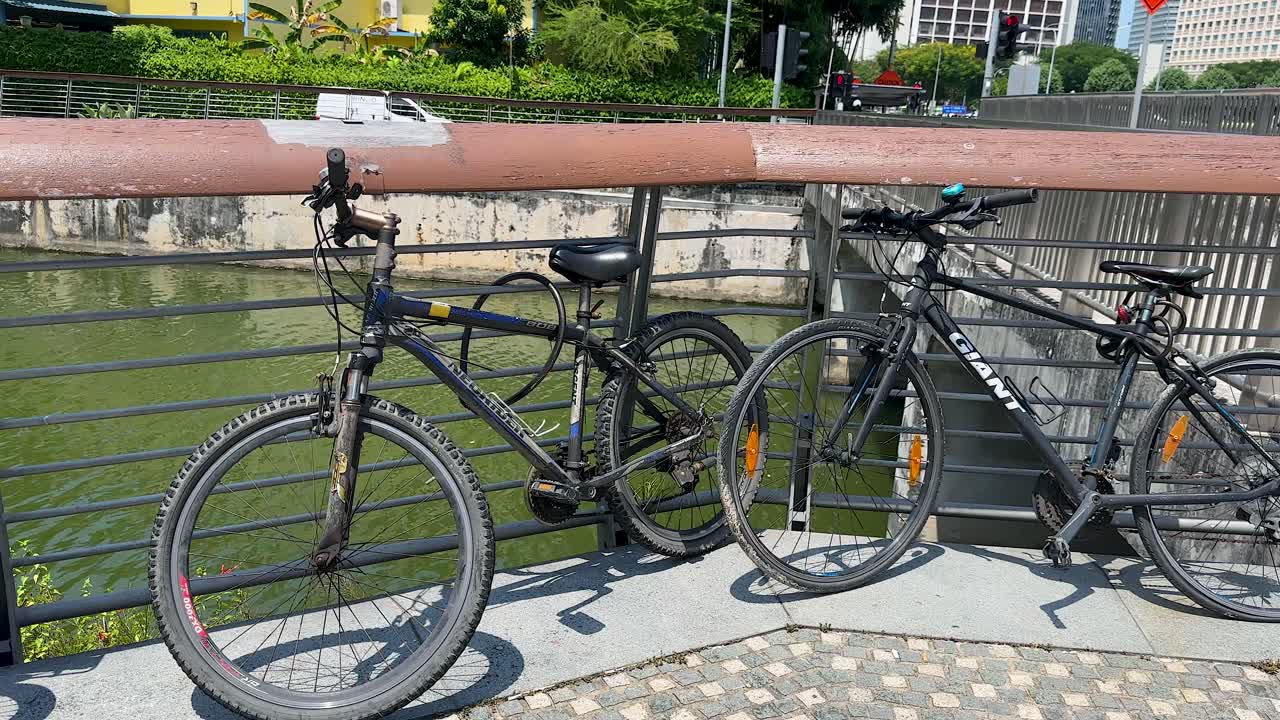 Row of bicycles beside canal, sunny day, camera pans revealing urban greenery and modern buildings