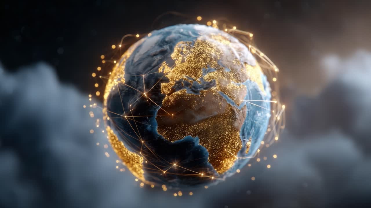 Stunning 3D Visualization of Earth Surrounded by Luminous Connections and Cloud Effects, Highlighting the Interconnectedness of Our Globe in a Digital Age