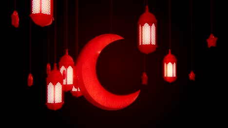 glowing celebration lantern, star and moon hanging from ceiling on dark background. ramadan kareem islamic motion background. 3d loopable animation.