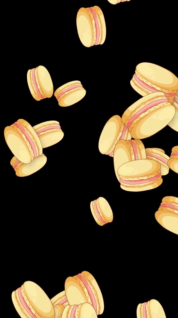 Animated yellow macarons with pink filling fall through a dark vertical frame.