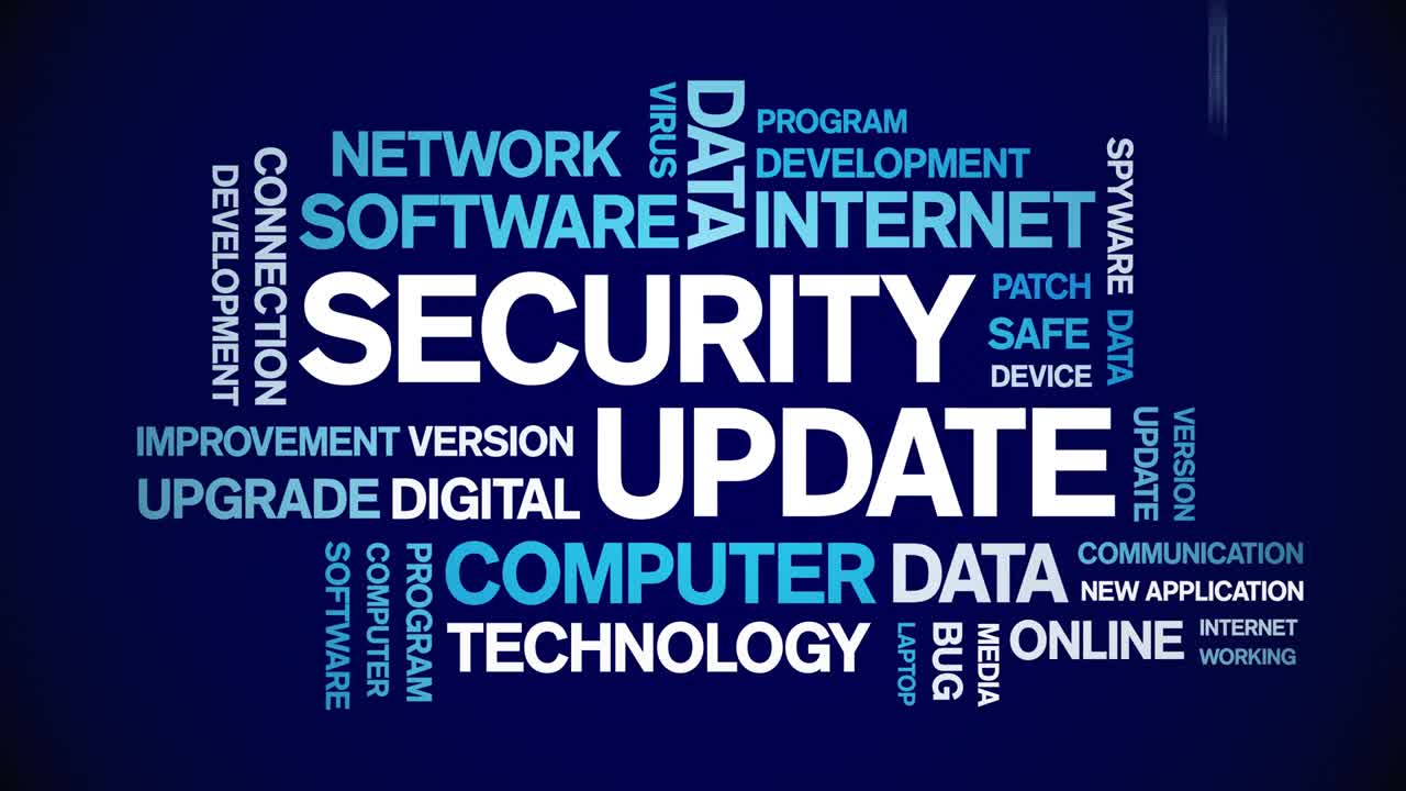 actualización de seguridad nube de palabras animada, animación tipografía cinética bucle sin fisuras.