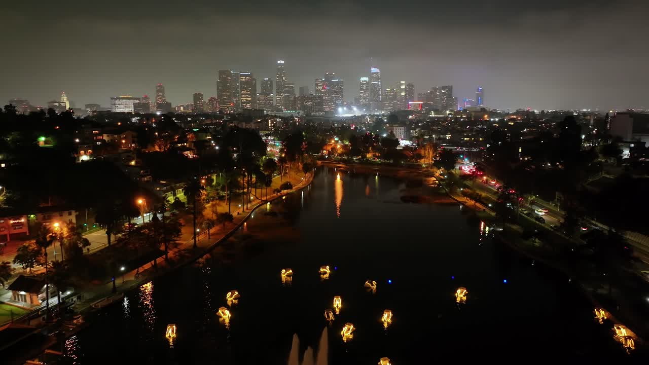Downtown Los Angeles Skyline From Echo Lake At Night