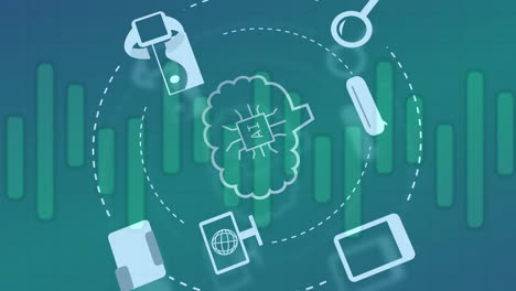 animación de un procesamiento de datos con iconos y conexiones