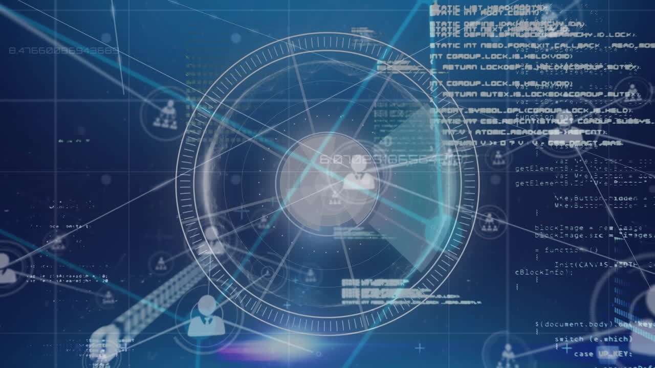 데이터 처리 및 그리드에 대한 사람 아이콘과 연결 네트워크의 애니메이션