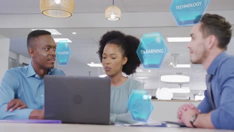 Animation of financial icons and data processing over diverse business people in office