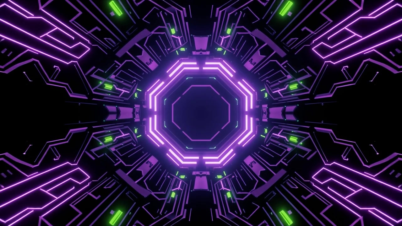 Tunnel digitale astratto futuristico con luci al neon viola e verdi incandescenti