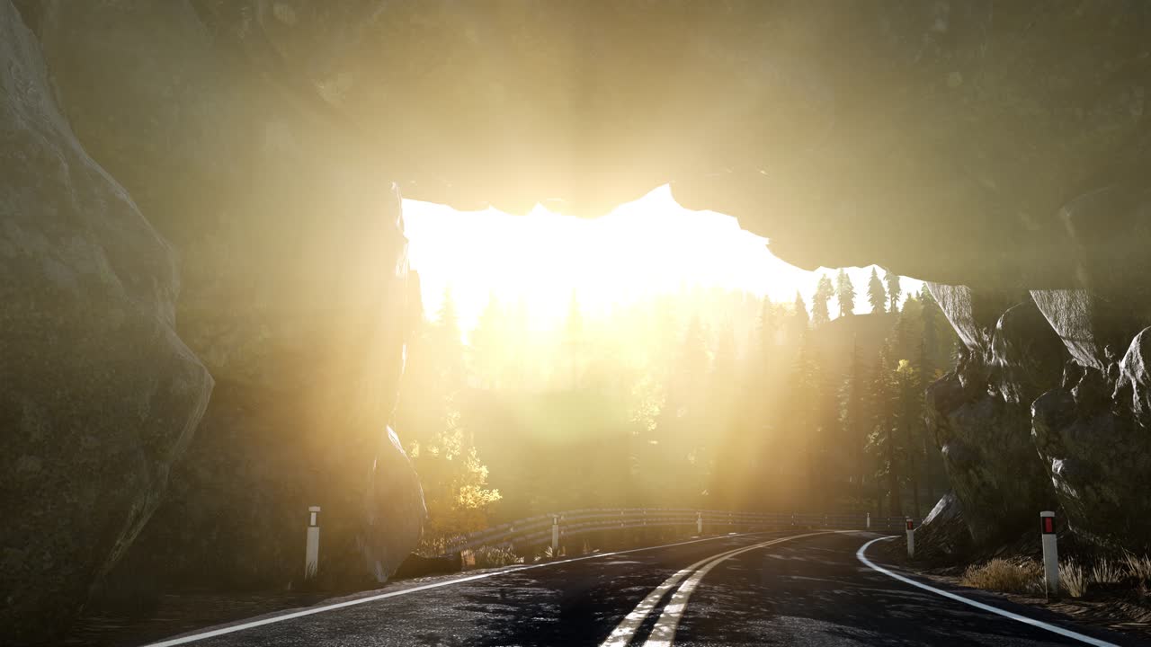 해가 지는 산의 바위 길 토너