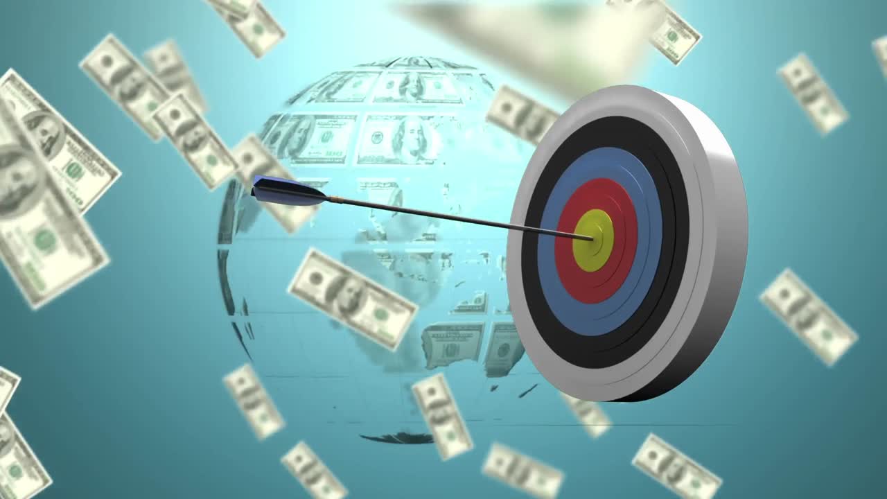 animación del escudo con flecha y billetes de dólar que caen sobre el globo sobre fondo azul