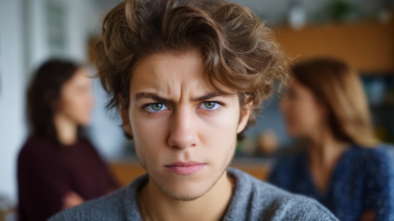 A Young Man's Intense Expression Captures the Emotion of Discontent, Set Against a Background of Two Women Engaged in a Conversation Nearby