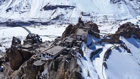aerial view of a himalayan village in winter