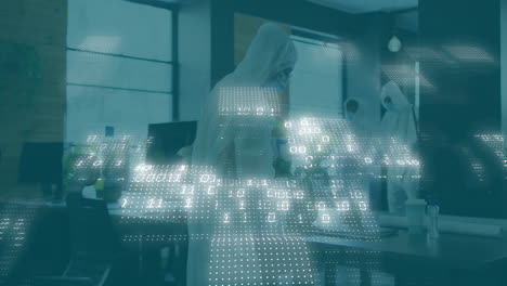 Central cybersecurity analyst examining laptop data in office with floating binary code overlays
