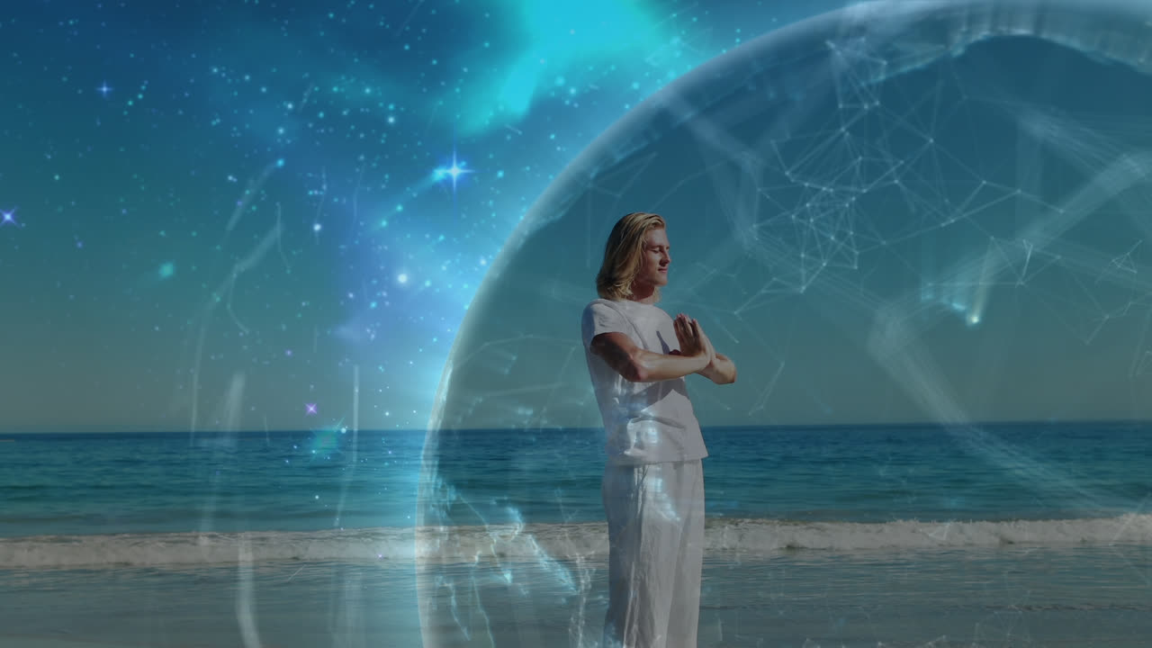 animación de globos y formas sobre hombre caucásico haciendo ejercicio en la playa