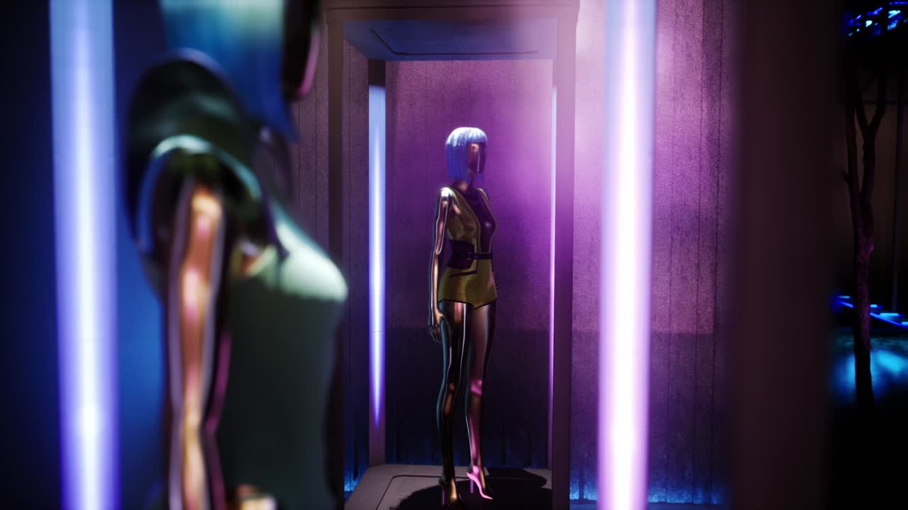 3D-animation af modedukker i moderne sommertøj i et oplyst udstillingsskab