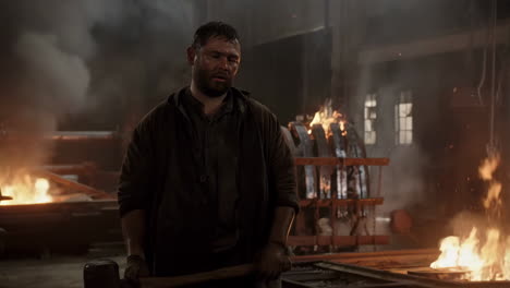 a tired blacksmith holding a hammer in a fiery workshop