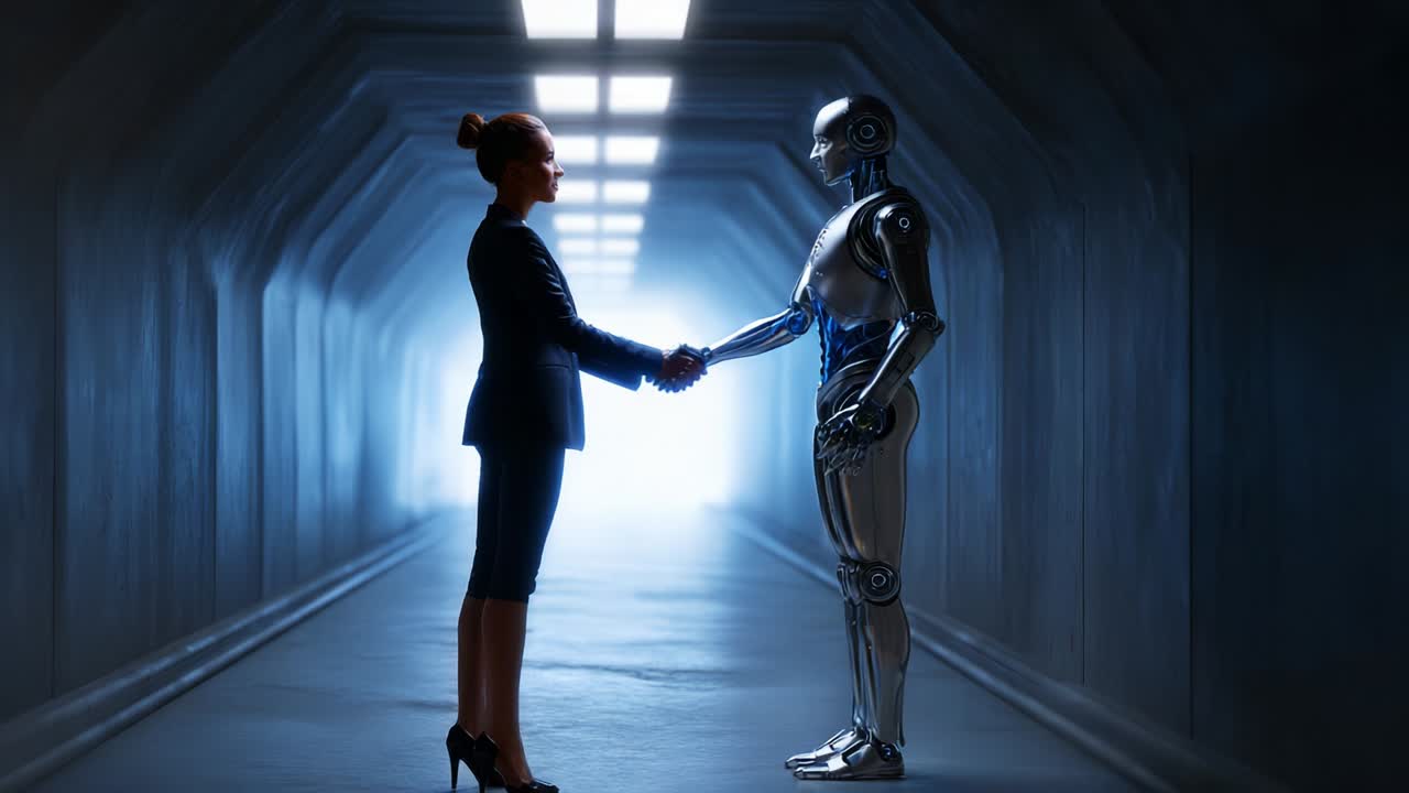 In a futuristic corridor, a human woman in a business suit engages in a handshake with a humanoid robot, symbolizing the collaboration and partnership between technology and humanity in a modern, innovative world
