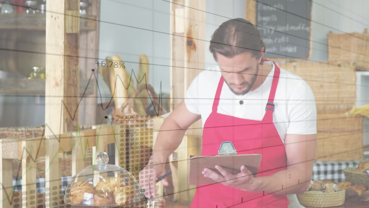 Animação digital que exibe tecnologia global de negócios e networking em um ambiente de café.