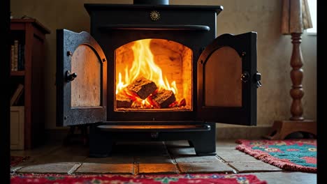 cozy wood burning stove with fire