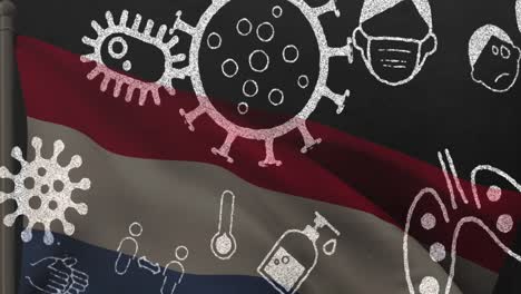 animation of covid 19 virus cells and digital icons over flag of netherlands