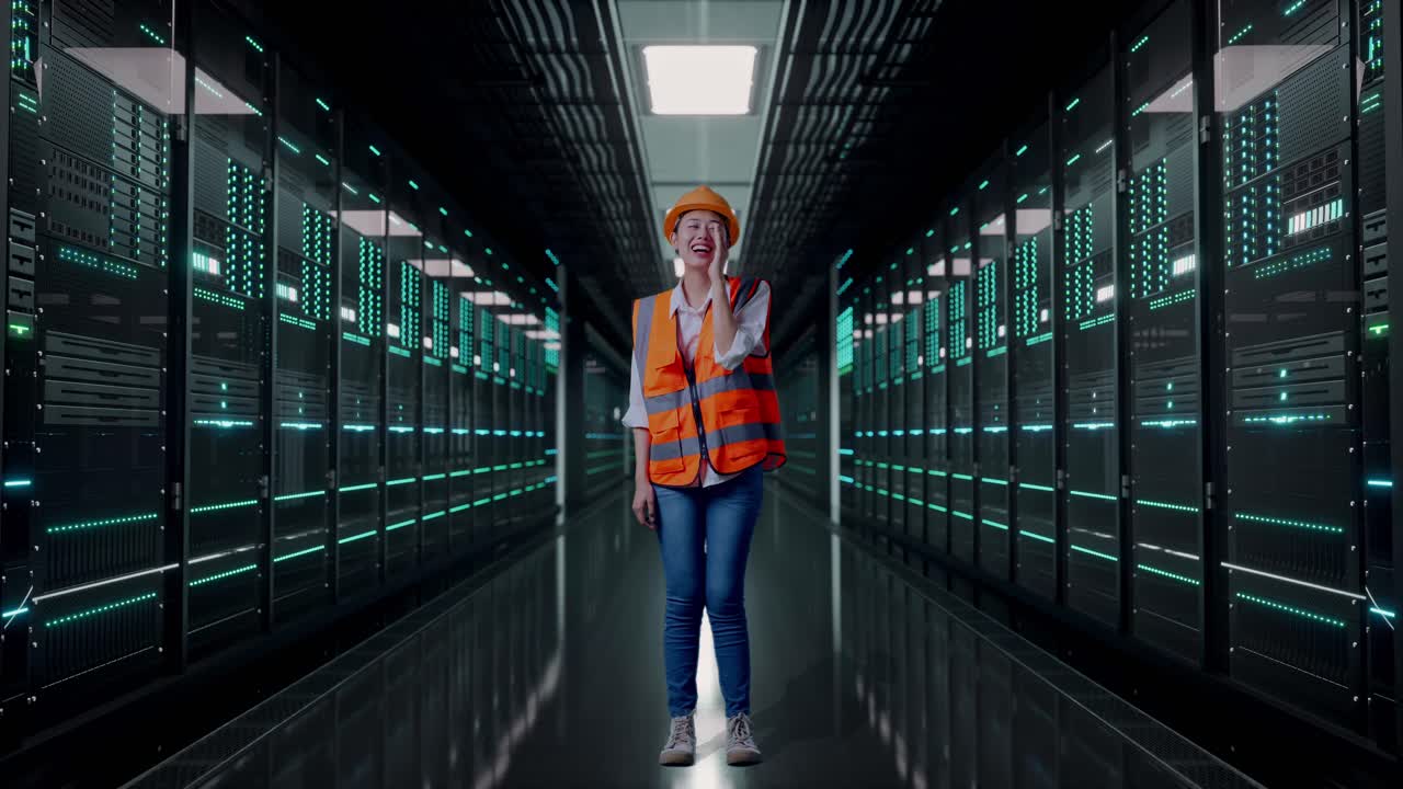 Full Body Of Asian Female Engineer With Safety Helmet Yelling With Hand Over Mouth While Standing in Server Room Data Center