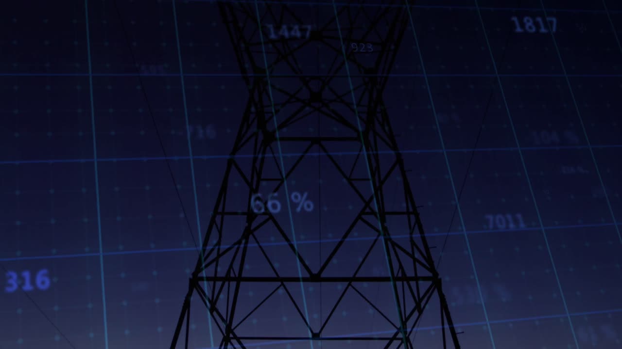 일몰 하늘에 대한 네트워크 타워를 통해 통계 데이터 처리의 애니메이션