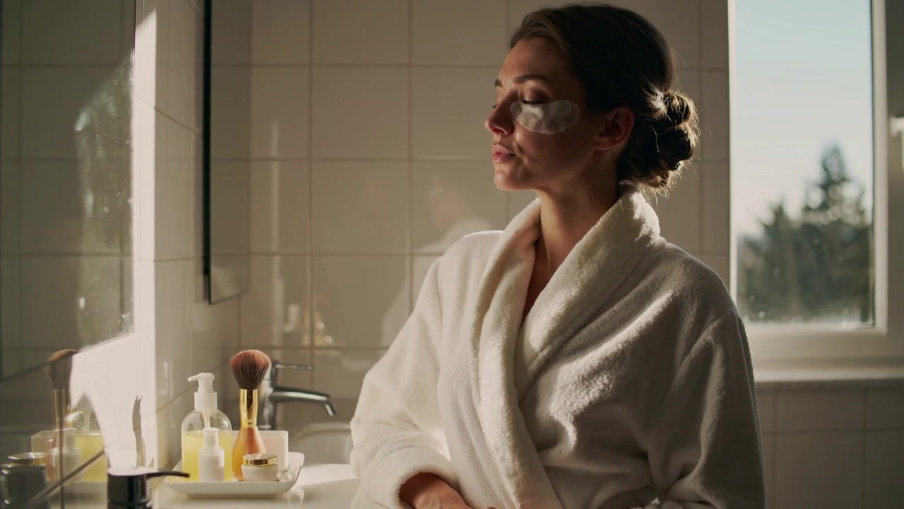 Femme faisant une pause, ajustant sa robe de chambre blanche devant le lavabo tandis que la lumière du soleil se déplace, portant des patchs sous les yeux pendant sa routine de soins.