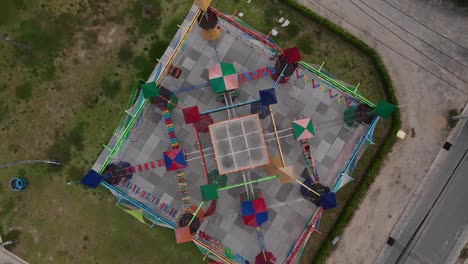 aerial view of a colorful geometric playground structure
