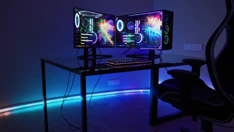 gaming pc setup with dual monitors and rgb lighting