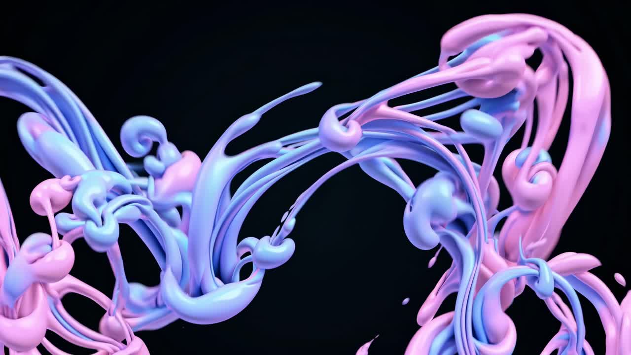 Flowing abstract paint swirls in vibrant pink and blue hues create a mesmerizing visual dance, showcasing dynamic movement and fluidity in a captivating motion sequence