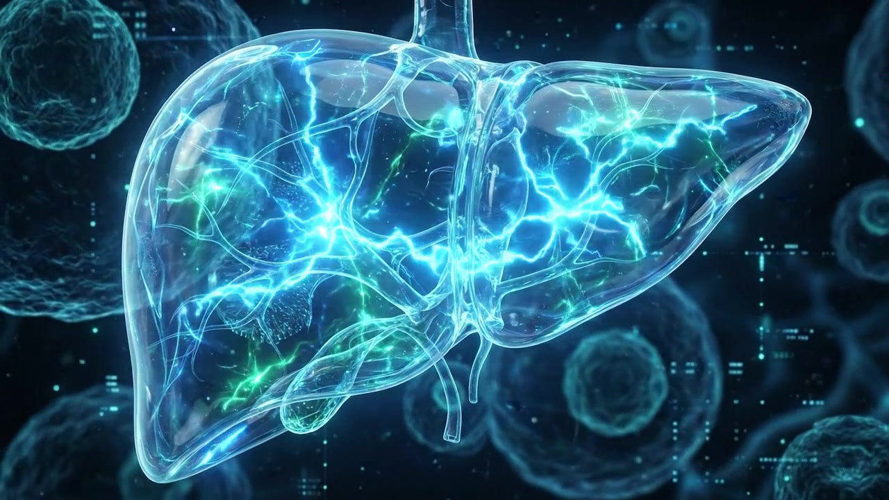 Glowing digital medical scan of human liver