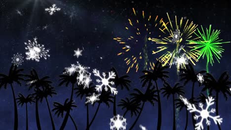 Animation-of-snow-falling-over-palm-trees-and-fireworks
