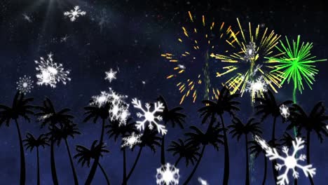 animation of snow falling over palm trees and fireworks