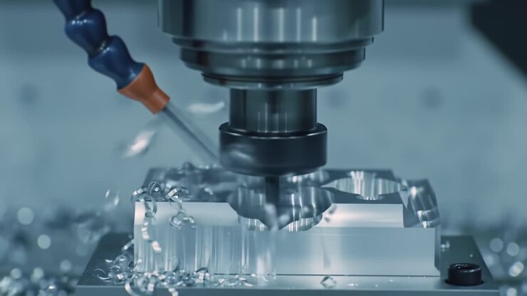 Precision CNC Milling Process: Close-Up View of Tool Cutting Aluminum Workpiece with Shiny Metal Shavings in a Modern Manufacturing Setting