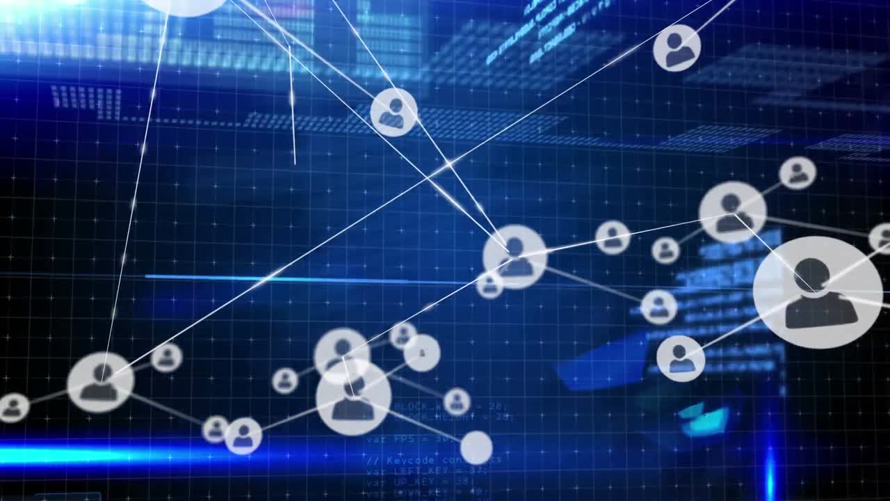 Animation of connected icons over lens flare, bars and map against abstract background