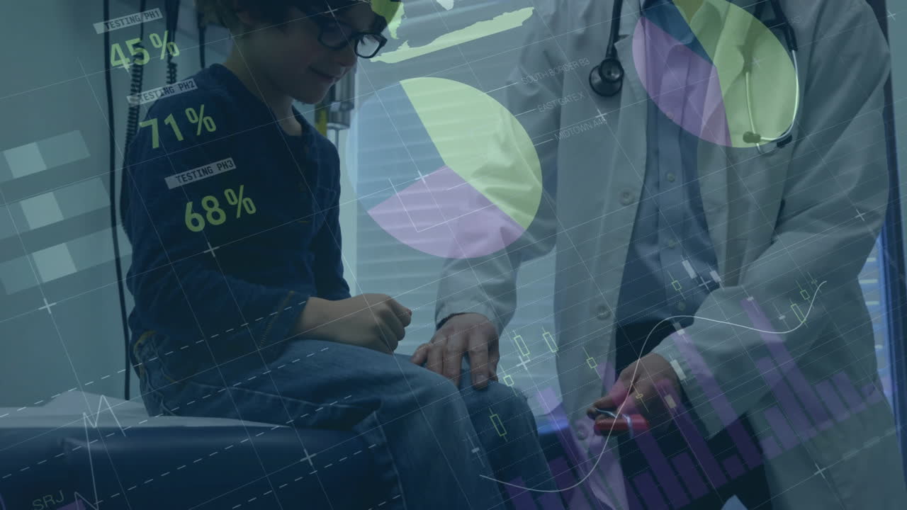 Animation of financial data processing over diverse male doctor and boy patient