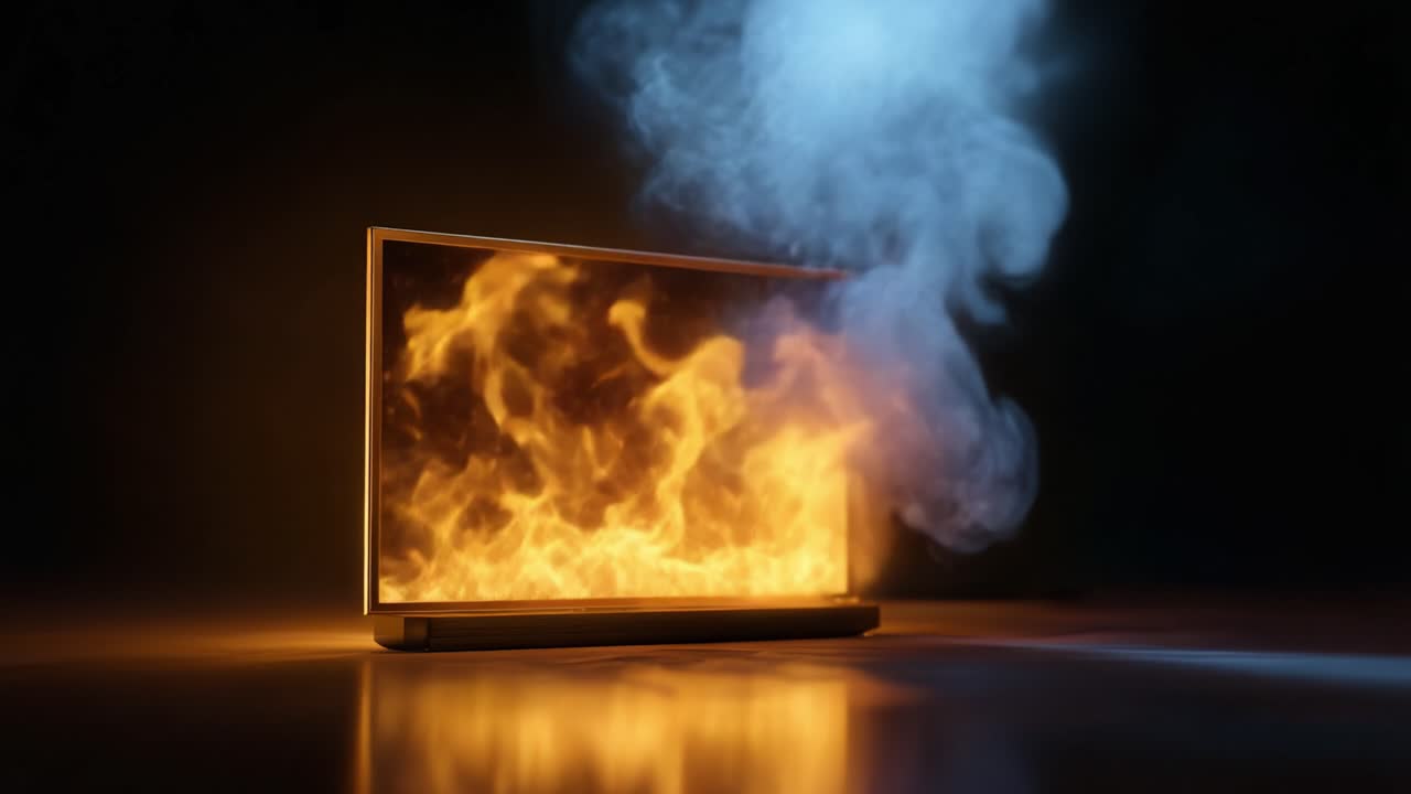 Eine surreale Darstellung eines beleuchteten Bildschirms, der in Flammen und Rauch gehüllt ist und Chaos und Ablenkung im digitalen Zeitalter symbolisiert.