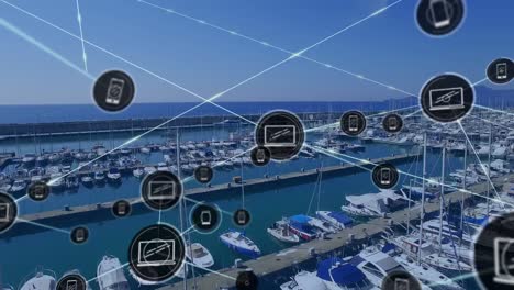 animation of network of connections with icons over port