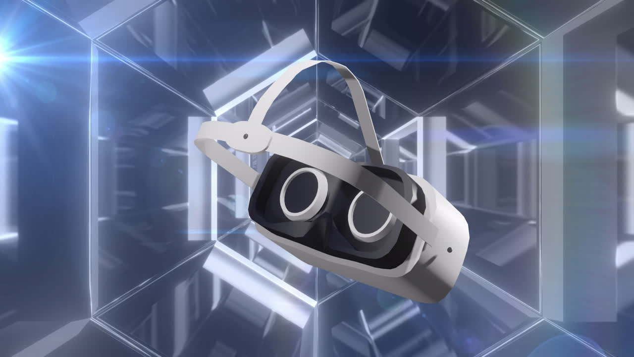 Animation of vr headset over glowing neon lights moving on black background